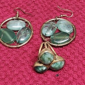 Elegant Green Jade  Ring And Earrings